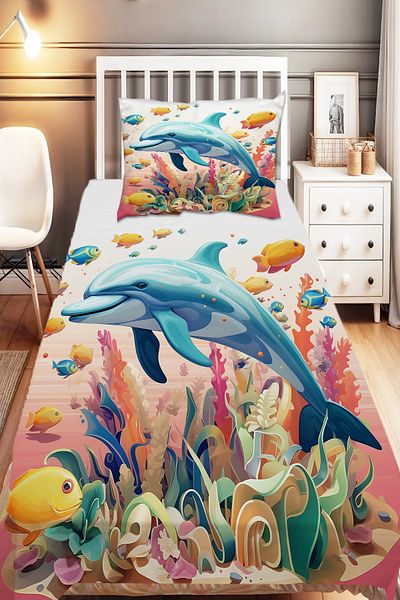 Else Dekor Sea Patterned Fishes Dolphin Single Decorative Bedspread for Girl