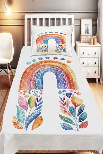 Else Dekor Boho Rainbow Watercolor Patterned Girl's Single Decorative Bedspread with Pillowcase