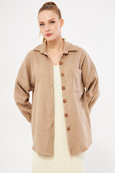 armonika Women's Mink Oversize Stitched Pocket Shirt ARM-22Y001156