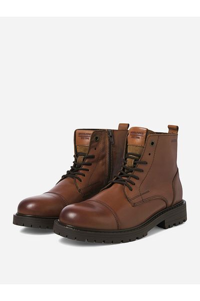 Jack & Jones Solid Lace and Zip Detail Leather Boots