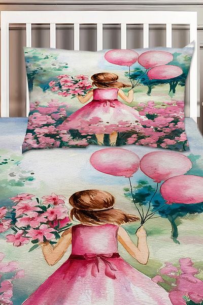 Else Dekor Pink Balloon Princess Girl Patterned Children's Single Decorative Bedspread with Pillowcase