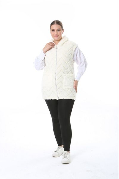 xlargebutik Large Size Clothing Zickzac Looked Cream Plush Fleece Vest Flexible Soft Warm Our Vest