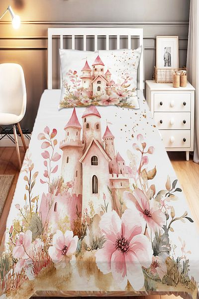 Else Dekor Pink Princess Castle Patterned Girl's Single Decorative Bedspread with Pillowcase