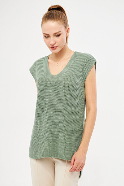 armonika Women's Turquoise V-Neck Short Front Long Sweater ARM-24K069004