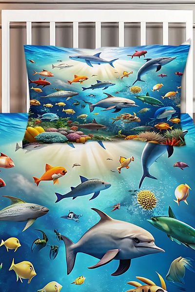 Else Dekor Fishes Patterned Underwater Bedspread - Children's Single Decorative Pillowcase