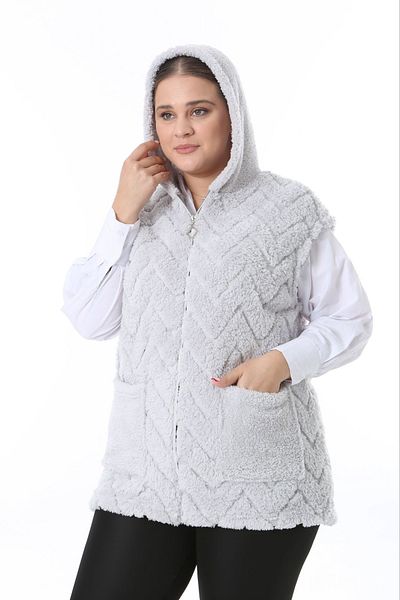 xlargebutik Plus Size Clothing - Gray Zigzag Woven Plush Fleece Vest, Flexible Warm Soft Personality
