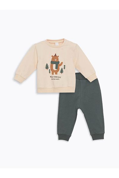 LC Waikiki Crew Neck Printed Sweatshirt and Sweatpants for Baby Boy - Set of 2 W4Cr33Z1