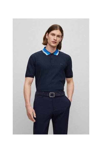 BOSS Yakası Çizgili ,pamuklu Pike ,dar Kesim Polo