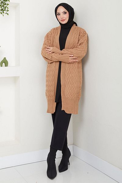 hafsamina Camel Colored Basket Braided Araboy Knitwear Cardigan - Without Buttons Hm2565