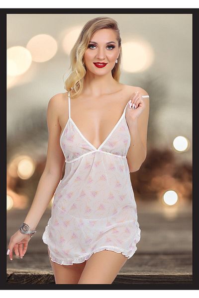 LoeFit Women's White Patterned Slit Fancy Nightdress Special Design New Model Costume