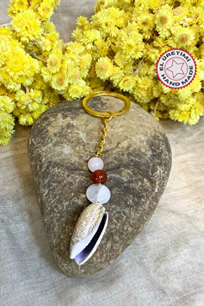Uretti Handmade Natural Stone and Seashell Detailed Keychain - Coral / Pink Quartz / Amethyst