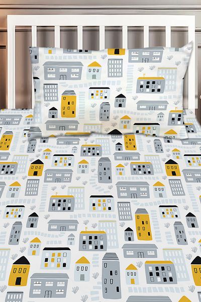 Else Dekor Yellow Gray Patterned Children's Bedspread - Single with Decorative Pillowcase