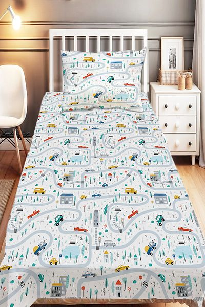 Else Dekor Car Driving Traffic Patterned Boy's Single Decorative Bedspread with Pillowcase
