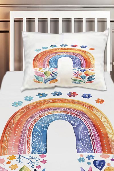 Else Dekor Boho Rainbow Watercolor Patterned Girl's Single Decorative Bedspread with Pillowcase