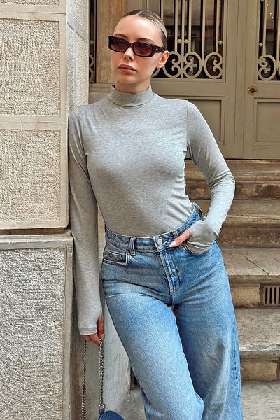 Swist Graue Poi-Finger-detaillierte Half-Fisherman-Bodybluse für Damen