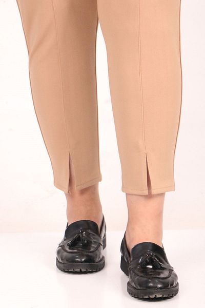 Eslina 39045 Large Size Scuba Mink Skinny Leg Trousers - Front Slit