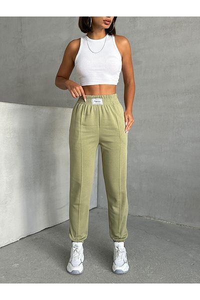 Cappmoda EŞF-09089 Khaki Jogger Sweat παντελόνι - Εποχικό ύφασμα με γρασίδι με δύο κλωστές, λεπτομέρεια ετικέτας και ράστερ