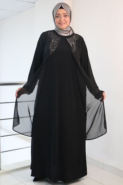 Eslina 42004 Plus Size - Stone Detailed Collar Chiffon Set - Μαύρο