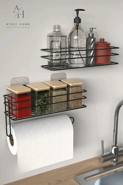 ATACI Adhesive Shampoo Holder Spice Rack 2Li Metal Paper Towel Holder Stylish Kitchen Bathroom Shelf with Black Stand
