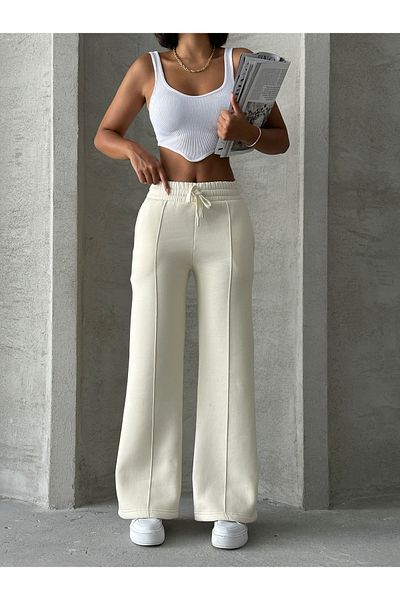 Cappmoda EŞF-09087 Λευκή μέση ελαστική φόρμα Palazzo με τρεις κλωστές