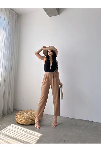 Fav Style Women's Carrot Trousers with High Waist and Pleat Detail - Double Pocket, Camel