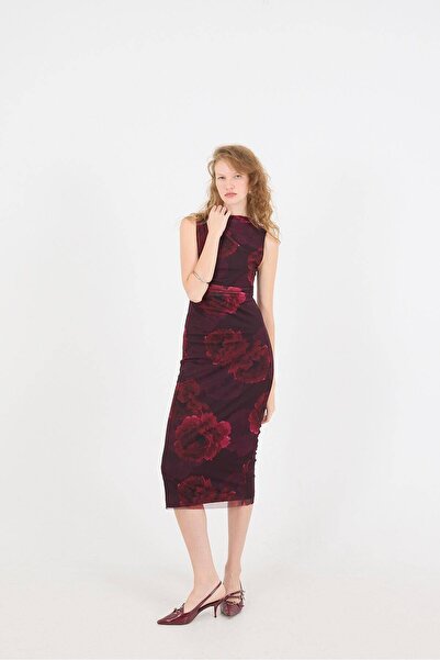 Addax Floral Patterned Midi Tulle Dress E11473-Z7