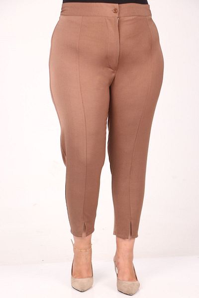 Eslina 39028 Large Size Front Slit Skinny Leg Trousers - Mink