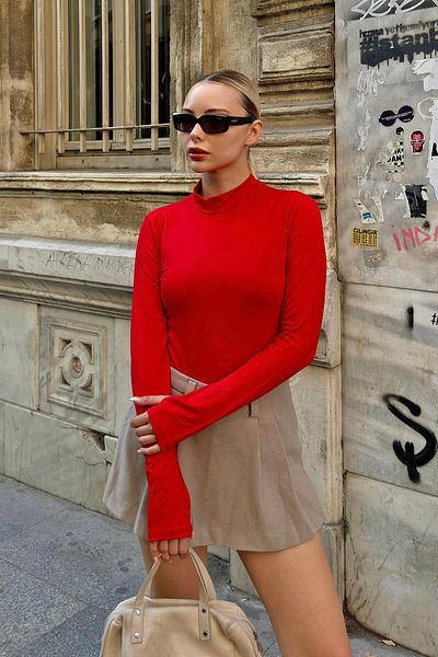 Swist Rote Poi-Finger-detaillierte Half-Fisherman-Bodybluse für Damen