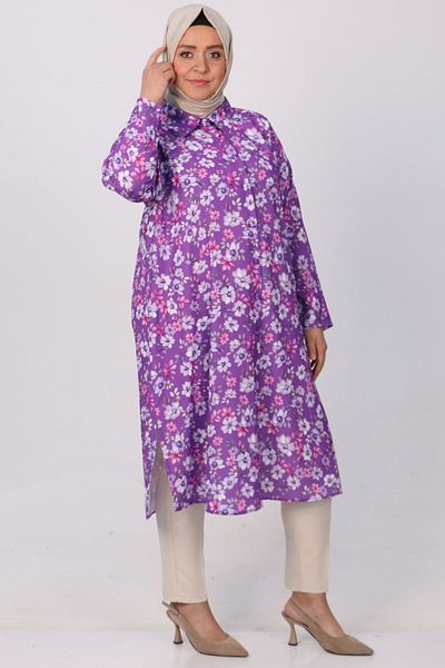 Eslina 38061 Plus Size Patterned Covered Buttoned Jesica Shirt - Floral Purple
