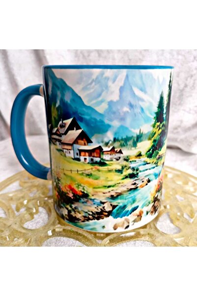 Mugs and love Dağ köyü vintage baskı büyük boy kupa