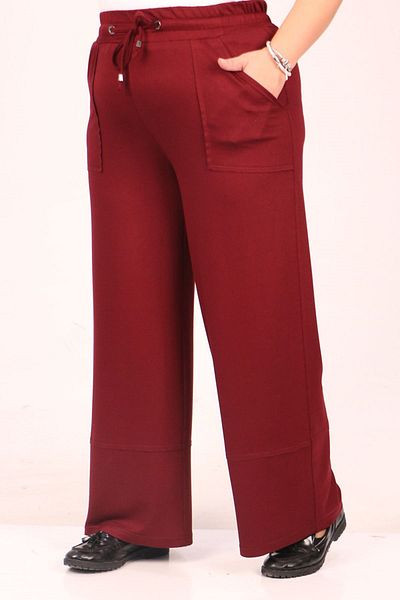 Eslina 39038 Large Size Crystal Two Thread Wide Leg Trousers - Claret Red