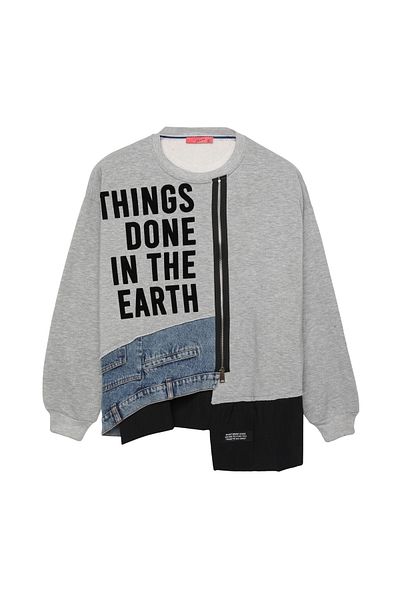 Quzu Gray Denim Matcli Sweatshirt - Zipper Accessory