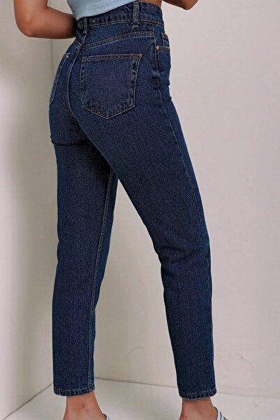 Trn JNS Lucy Boyfriend Koyu Mavi Yüksek Bel Likralı Mom Jeans Pantolon