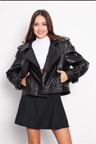 gorgitino Jachetă neagră pentru femei piele naturală - Modele cu mâneci și mo...