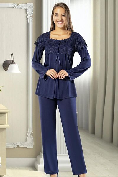 CT MODA Women's Navy Blue Lace Special Design Cotton Combed Maternity Dressing Gown Pajama Set