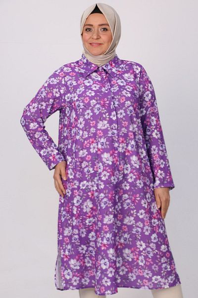 Eslina 38061 Plus Size Patterned Covered Buttoned Jesica Shirt - Floral Purple