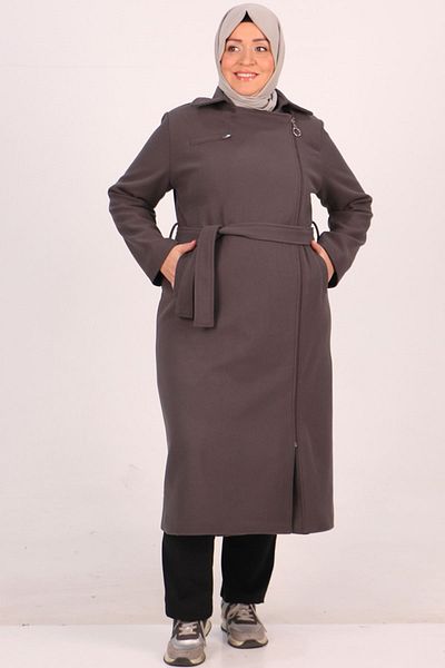 Eslina 33112 Plus Size Side Zippered Cashmere Coat-Grey