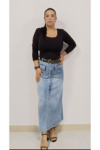 AKŞEN GİYİM Plus Size Women's - JewelleD Denim, Lycra Pocket DeTail, Zimba ButtoneD Long Denim Skirt