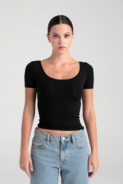 SHEISMONO Soft Touch Oval Neck Short Sleeve Blouse Black