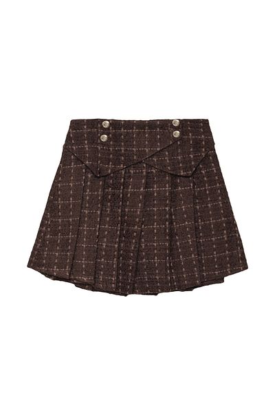Quzu Brown Pleated Mini Skirt - with Button Accessory