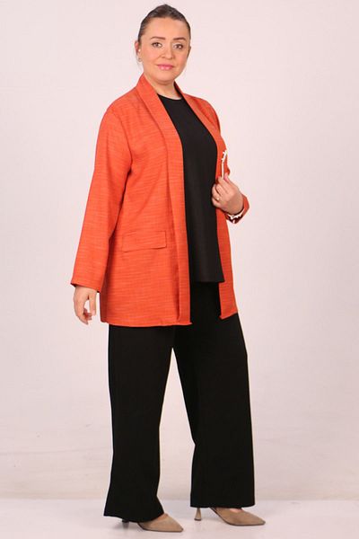 Eslina 43021 Plus Size - Detachable Brooch Short Jacket, Melted Brick Color Woven