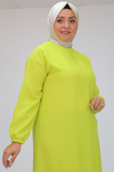 Eslina 42027 Λιπαρό πράσινο λινό φόρεμα Plus Size - Μαζεύτηκε τη φούστα
