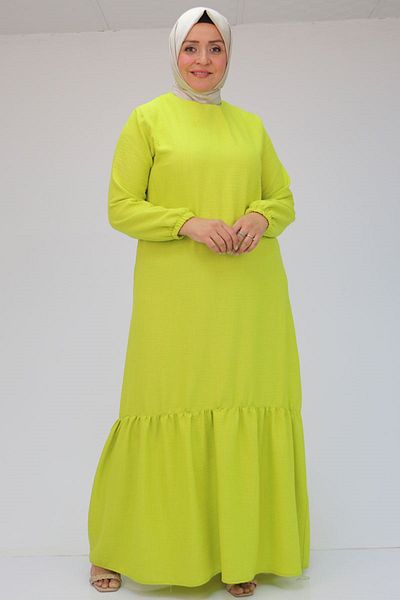 Eslina 42027 Λιπαρό πράσινο λινό φόρεμα Plus Size - Μαζεύτηκε τη φούστα