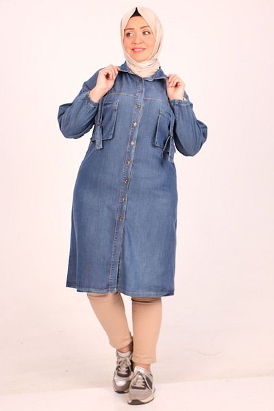 Eslina 33040 Plus Size Pocket Λεπτομερής Λιόσελ τουνίκ-Μπλε