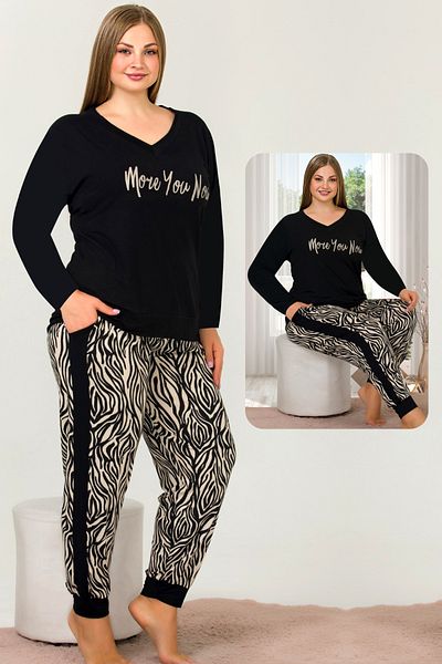 Jenny Daphne Soft Viscose Pajama Set - Zebra Pattern, Long Sleeve, V-Neck, Bottom Striped 11397
