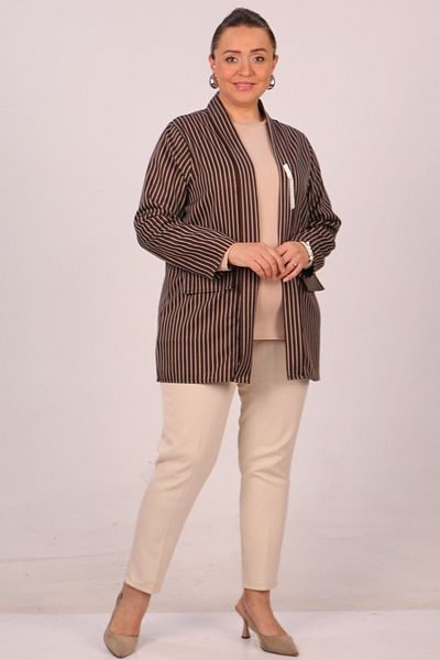 Eslina 43021 Plus Size ριγέ καφέ κοντό μπουφάν - Αποσπώμενη καρφίτσα