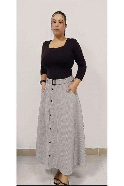 AKŞEN GİYİM Large Size Cotton Linen Striped Button Model Belted Midi Skirt