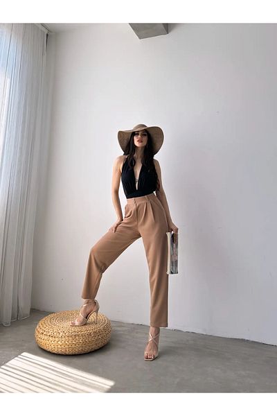 Fav Style Women's Carrot Trousers with High Waist and Pleat Detail - Double Pocket, Camel