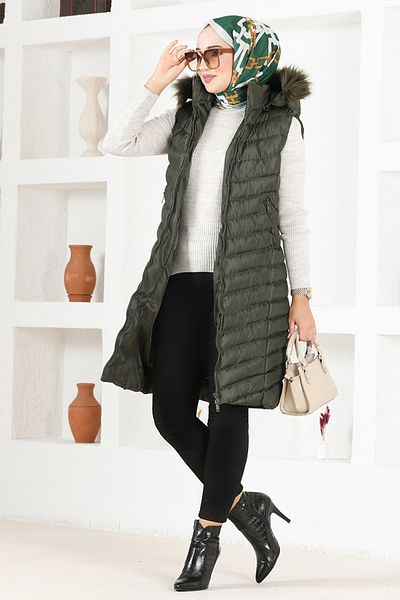 ModaMerve Khaki Hooded Puffer Vest - Art2873