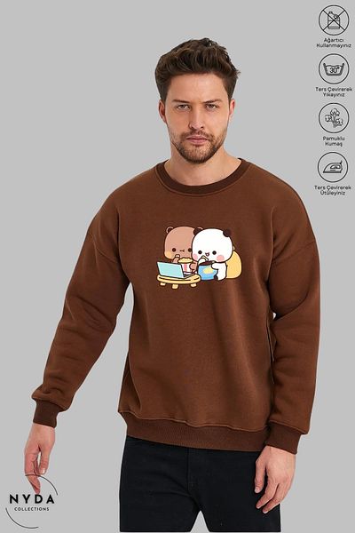 Nyda Collections Unisex μακρυμάνικο Bubu Dudu με στάμπα με λαιμόκοψη χωρίς κουκούλα υπερμεγέθη φούτερ